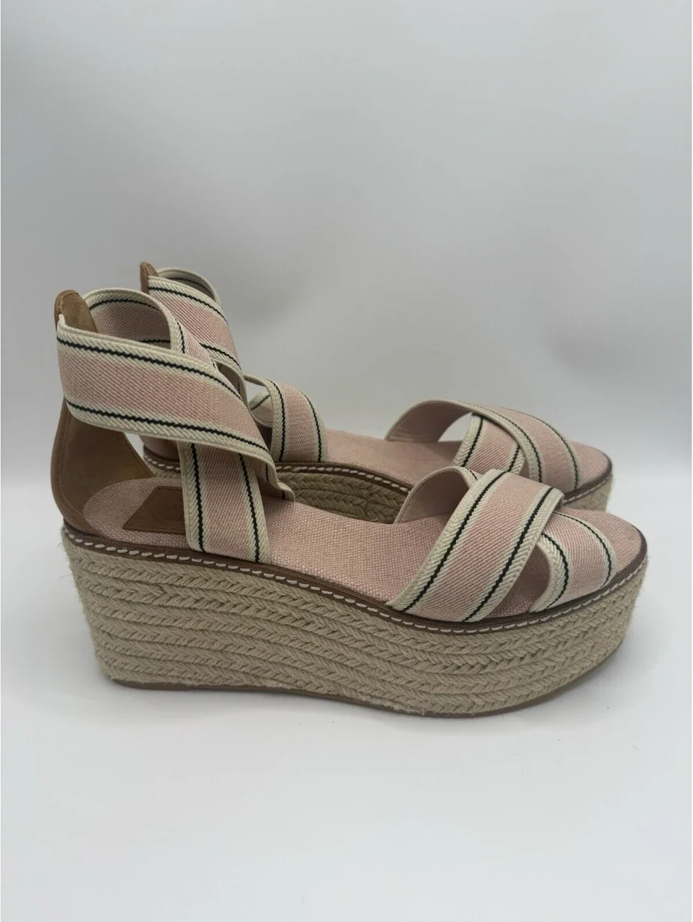 Tory Burch Women Frieda US 7 M Stripe Pink Platform Espadrille Wedge Sandal NWOB